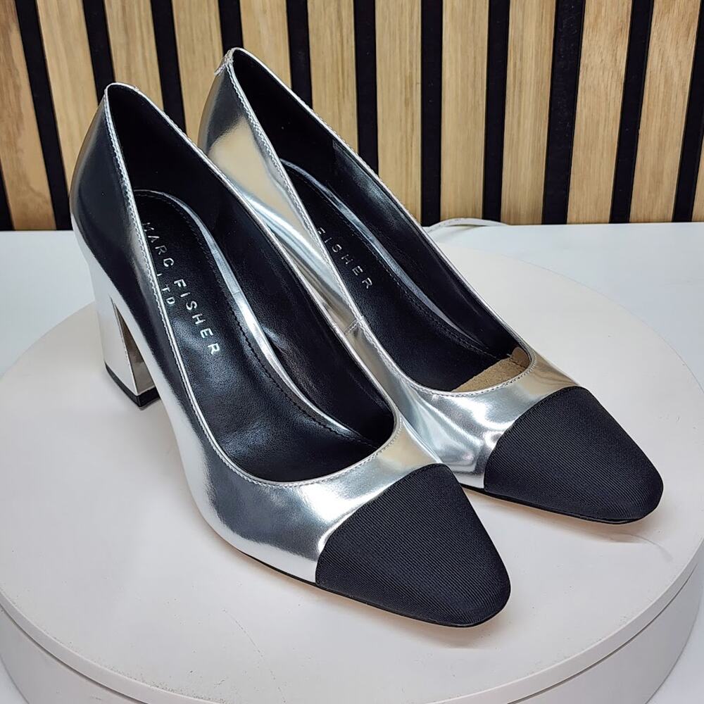 NEW - Marc Fisher Vernie Women’s Silver Black Pumps Slip On Block Heel Size 8 M